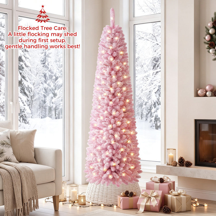 Load image into Gallery viewer, Goplus Flocked Pencil Christmas Tree with 8 Modes Pre-Lit Artificial Fir Xmas Tree