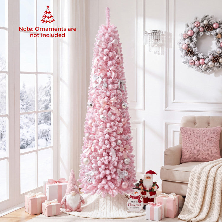 Load image into Gallery viewer, Goplus Flocked Pencil Christmas Tree with 8 Modes Pre-Lit Artificial Fir Xmas Tree