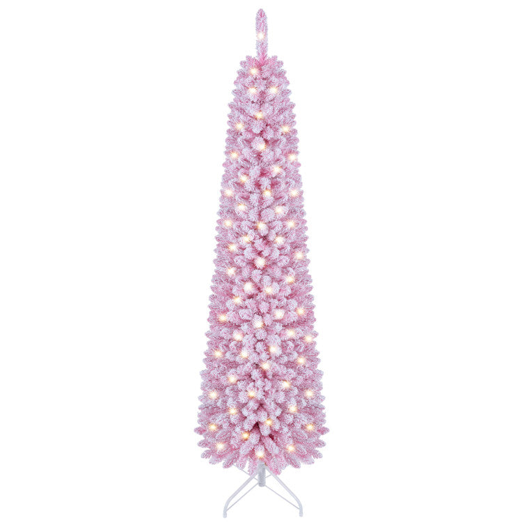 Load image into Gallery viewer, Goplus Flocked Pencil Christmas Tree with 8 Modes Pre-Lit Artificial Fir Xmas Tree