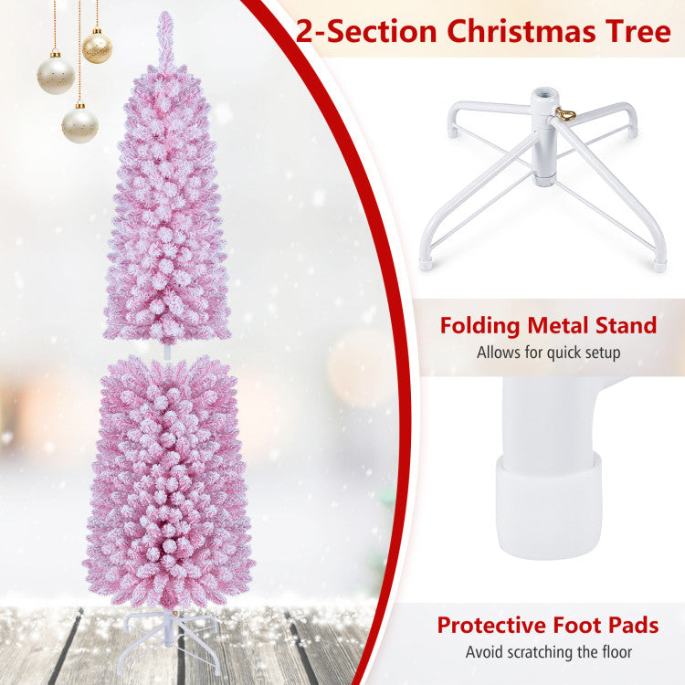 Load image into Gallery viewer, Goplus Flocked Pencil Christmas Tree with 8 Modes Pre-Lit Artificial Fir Xmas Tree