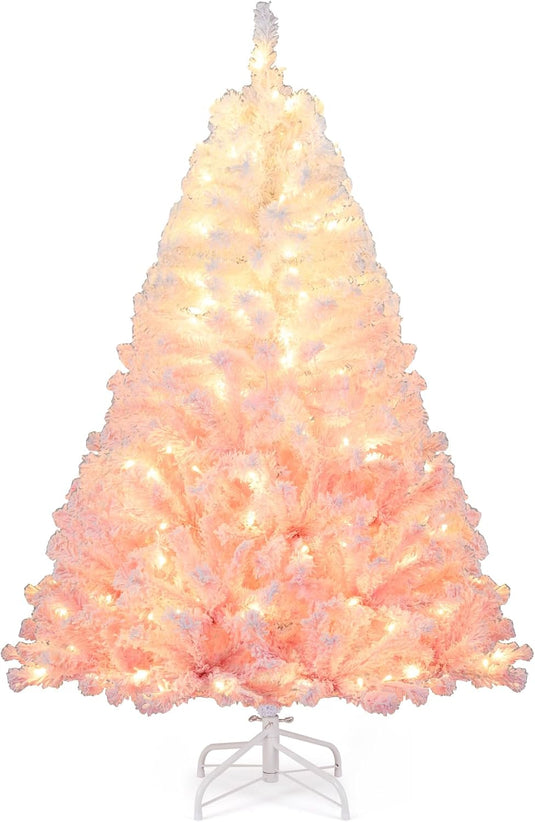 Goplus Pre-Lit Snow Flocked Christmas Tree | Artificial Hinged Xmas Full Tree