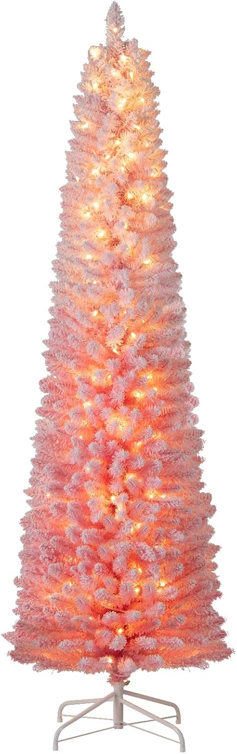 Load image into Gallery viewer, Goplus 6ft / 7ft Pink Slim Pencil Christmas Tree | Pre-lit Snow Flocked Artificial Skinny Xmas Tree