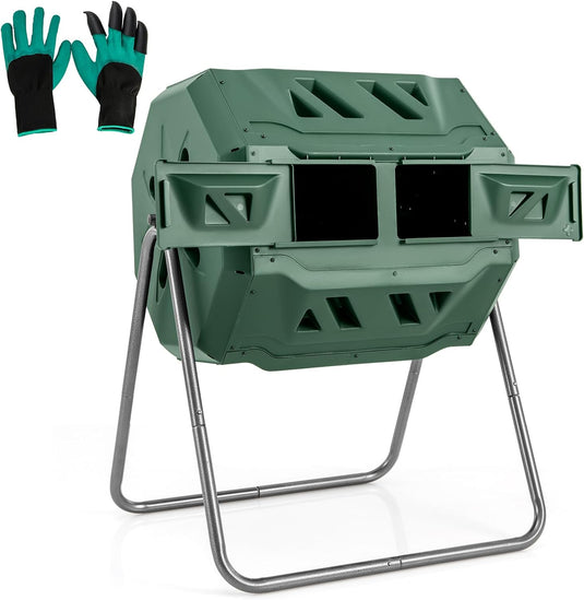 Goplus Compost Bin, 42-Gal Dual Chamber Composting Tumbler w/2 Sliding Doors, Heavy-Duty Metal Frame