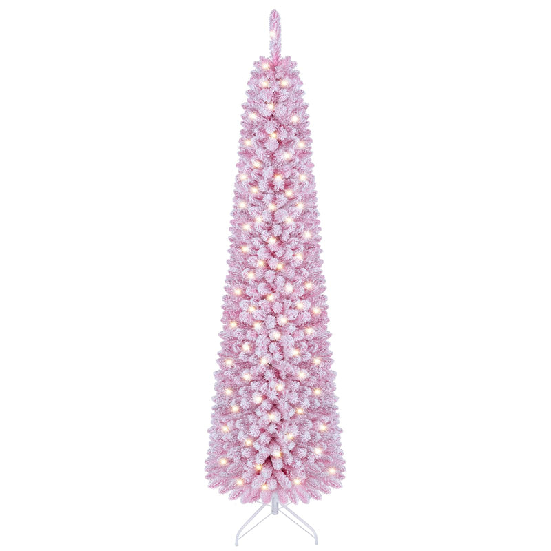 Load image into Gallery viewer, Goplus Flocked Pencil Christmas Tree with 8 Modes Pre-Lit Artificial Fir Xmas Tree