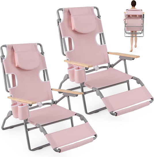 Goplus 3-in-1 Foldable Beach Chair Heavy-Duty Recliner for Camping Poolside Sunbathing