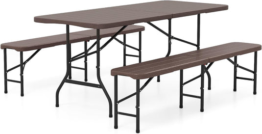 Goplus 6 FT 3-Piece Portable Picnic Table Bench Set, HDPE Wood-Like Plastic Folding Picnic Tables with Benches