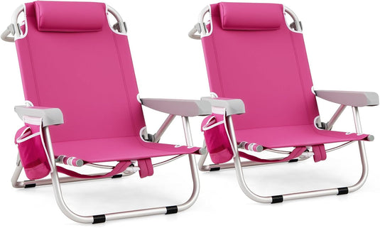 Goplus Folding Backpack Beach Chairs, Aluminum Sling Camping Chair with 5-Position Backrest, Towel Hanging Rack