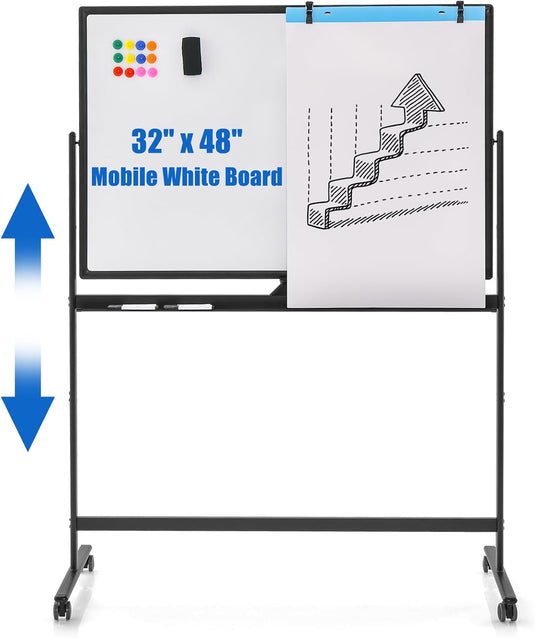 Goplus 48” x 32” Rolling Whiteboard, Height Adjustable Magnetic Dry Erase Board