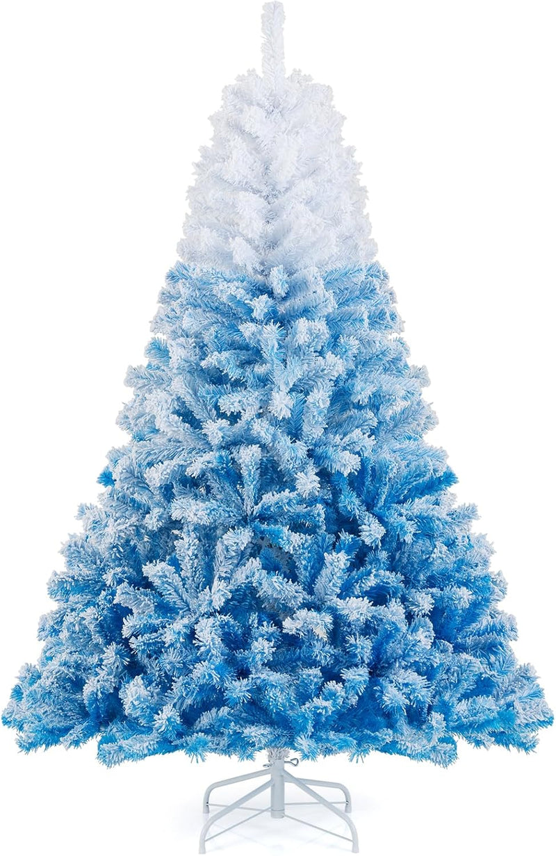 Load image into Gallery viewer, Goplus Snow Flocked Christmas Tree with Lush Branch Tips & Foldable Metal Stan ( Blue Gradient & White )