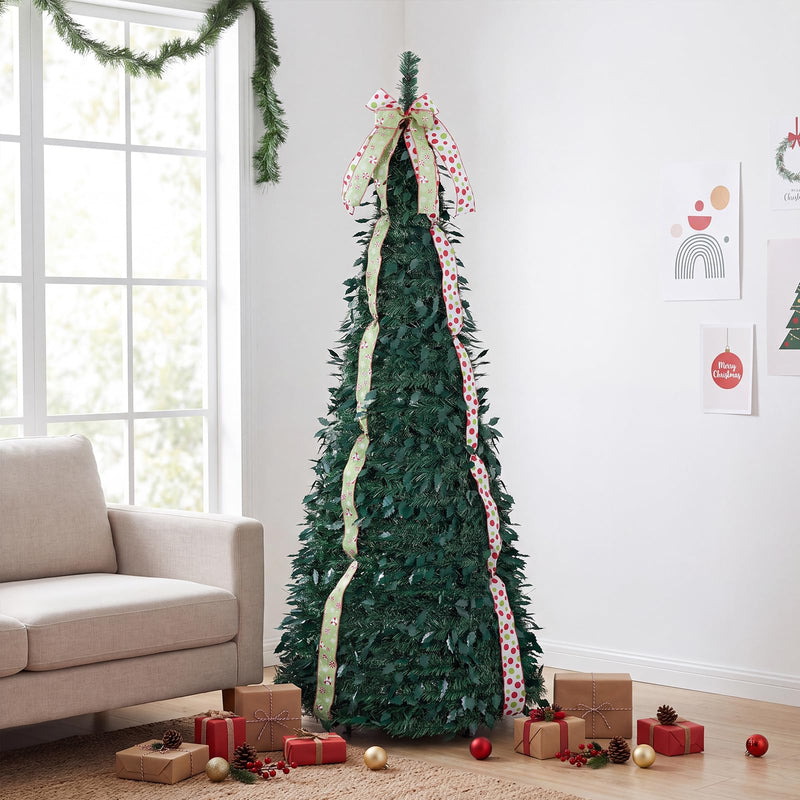 Load image into Gallery viewer, Goplus 6ft/7ft Pop Up Christmas Tree | Pre-Decorated Xmas Tree with 4 Festive Satin Ribbons & Top Christmas Bow