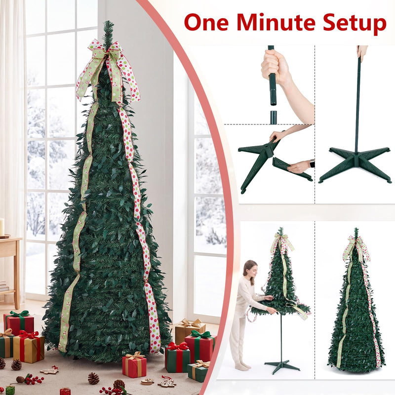 Load image into Gallery viewer, Goplus 6ft/7ft Pop Up Christmas Tree | Pre-Decorated Xmas Tree with 4 Festive Satin Ribbons & Top Christmas Bow