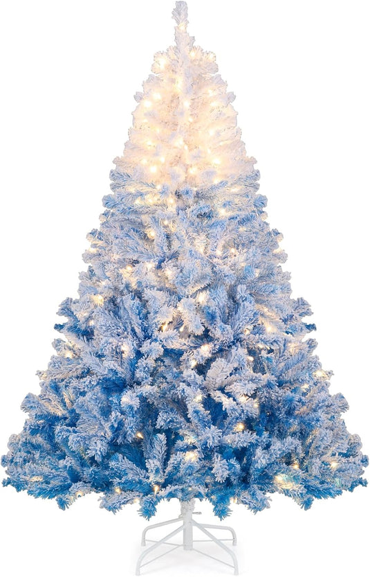 Goplus Pre-Lit Snow Flocked Christmas Tree | Artificial Hinged Xmas Full Tree