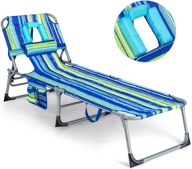 Load image into Gallery viewer, Beach Chaise Lounge with Face Hole, Folding Recliner Black/Gray/Sky Blue/Navy
