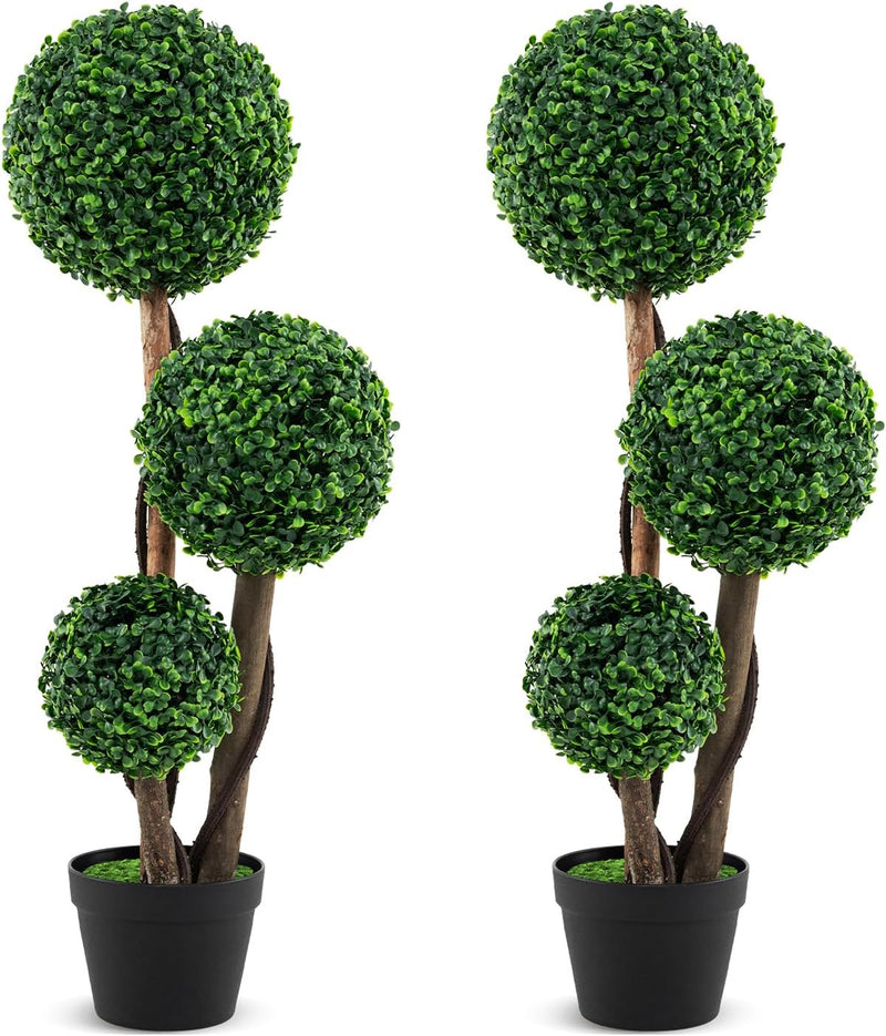 Load image into Gallery viewer, Goplus 3ft Artificial Boxwood Topiary Ball Tree, Faux Potted Plants with Solid Wood Trunks