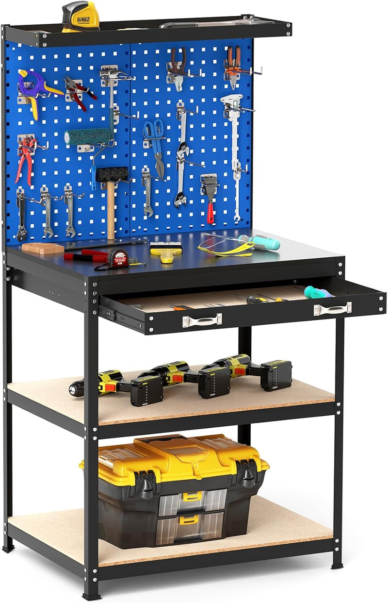 Load image into Gallery viewer, Goplus Workbench with Pegboard, 32" x 16" Multi-use Workbench with 2 Tires of Shelves, Topping Space