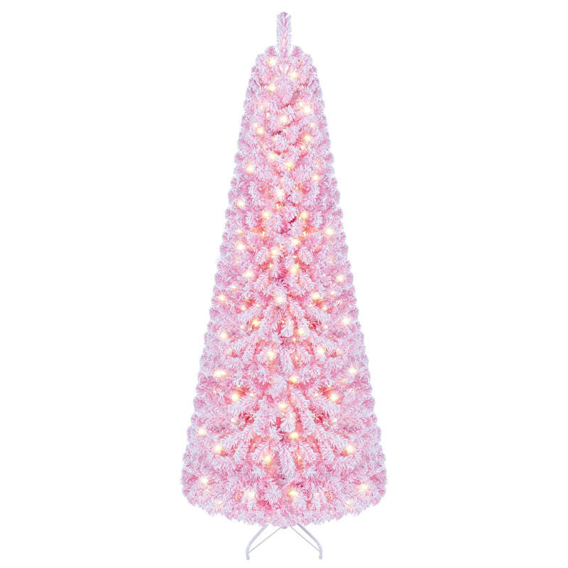 Load image into Gallery viewer, Goplus 5ft/6ft/7ft Pink Pre-Lit Flocked Christmas Trees | Hinged Artificial Xmas Tree