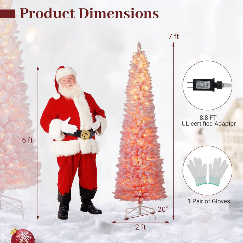 Load image into Gallery viewer, Goplus 6ft / 7ft Pink Slim Pencil Christmas Tree | Pre-lit Snow Flocked Artificial Skinny Xmas Tree