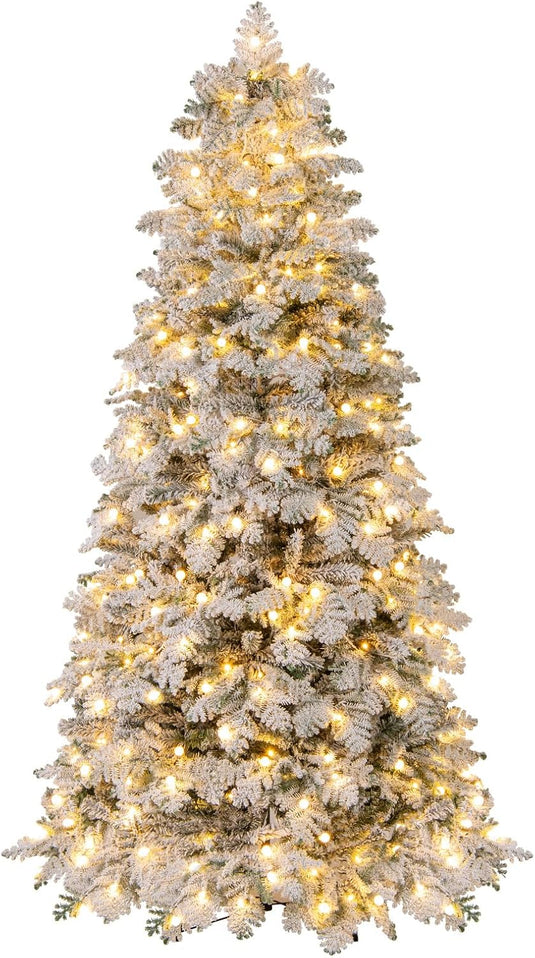 Goplus Pre-Lit Snow Flocked Christmas Tree with Mixed Branch Tips & LED Lights