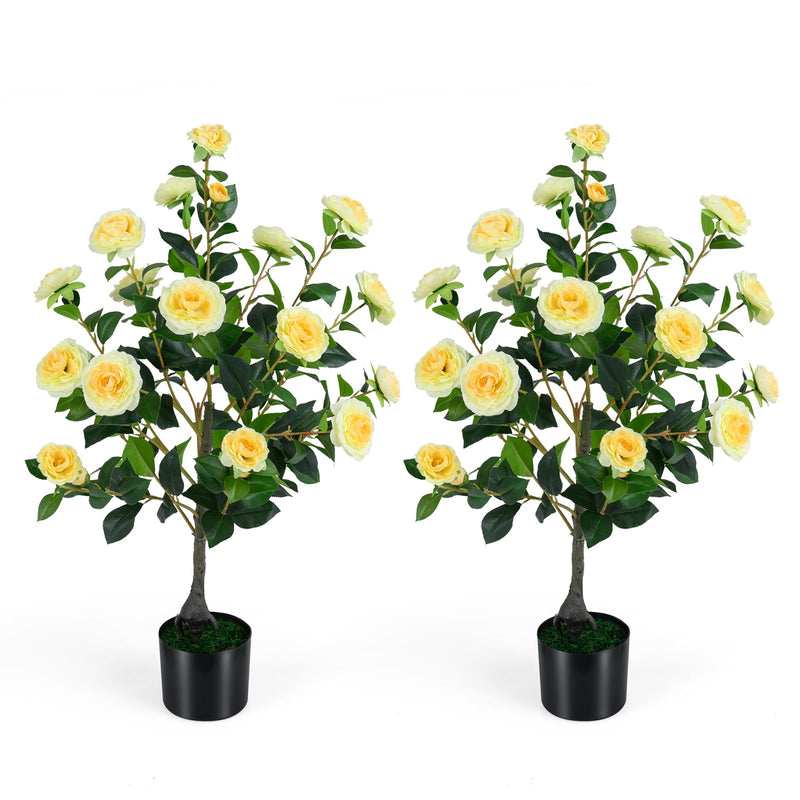 Load image into Gallery viewer, Goplus 35.5" Artificial Camellia Tree Faux Floral Plant Blooming Tree in Cement Pot