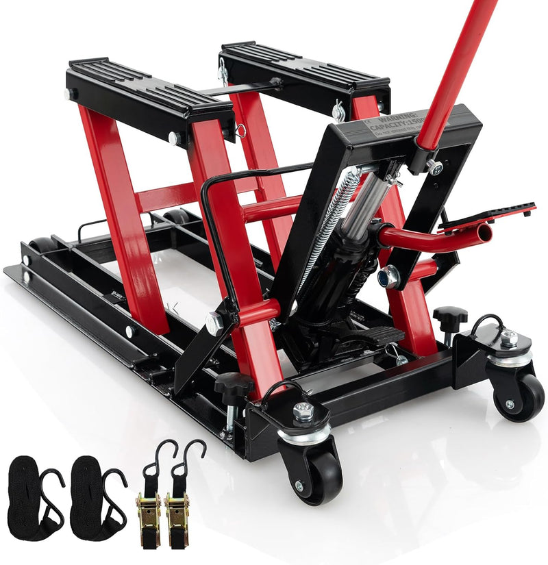 Load image into Gallery viewer, Goplus 1500 LBS Motorcycle Lift Jack, Hydraulic Motorcycle Hoist w/Footplates & Long Handle