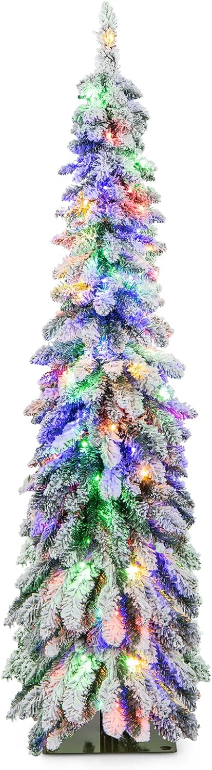 Load image into Gallery viewer, Goplus Pre-Lit Flocked Pencil Christmas Tree Artificial Slim Xmas Tree