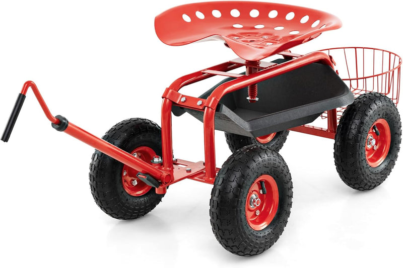 Load image into Gallery viewer, Goplus Garden Cart Gardening Workseat w/Wheels, Rolling Work Seat with Tool Tray & Basket, Length Adjustable Hook Handle