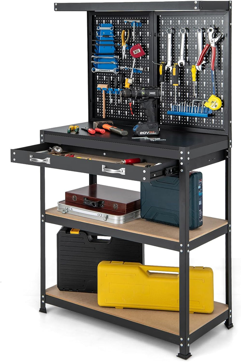 Load image into Gallery viewer, Goplus Workbench with Pegboard, 32" x 16" Multi-use Workbench with 2 Tires of Shelves, Topping Space
