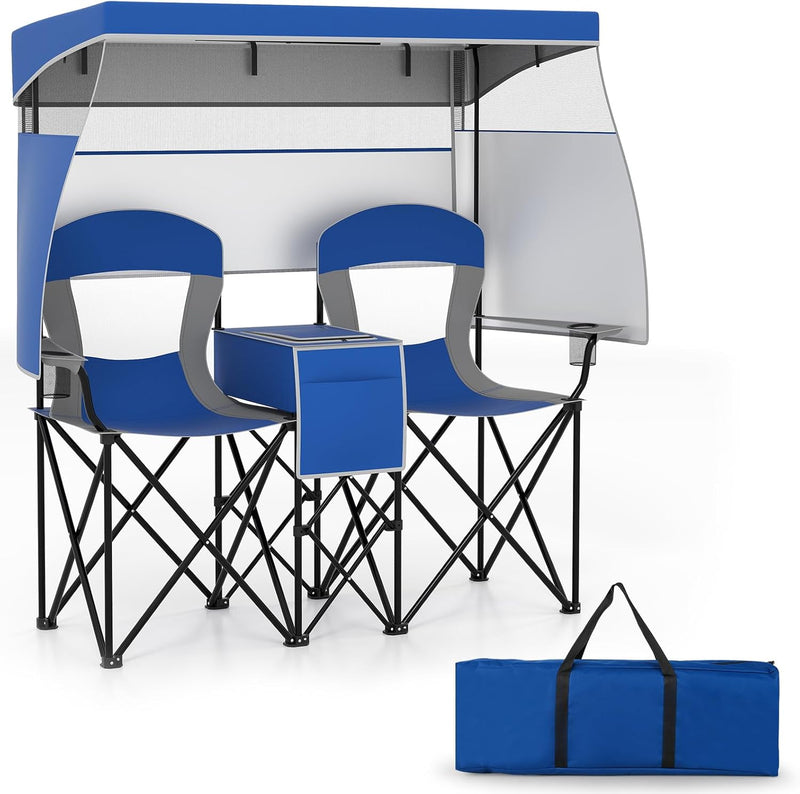 Load image into Gallery viewer, Goplus Double Beach Chair w/Roll-up Shade Cooler Bag Cup Holders Carrying Bag