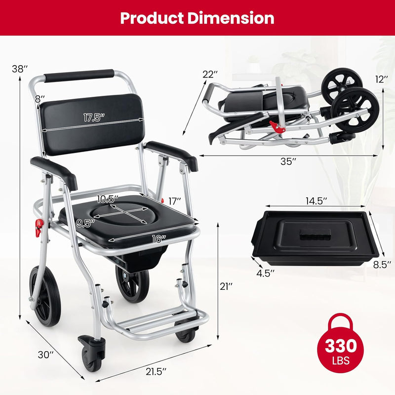 Load image into Gallery viewer, Goplus 4 in 1 Shower Commode Wheelchair, 330lbs Foldable Bedside Commode Chair for Toilet with Arms