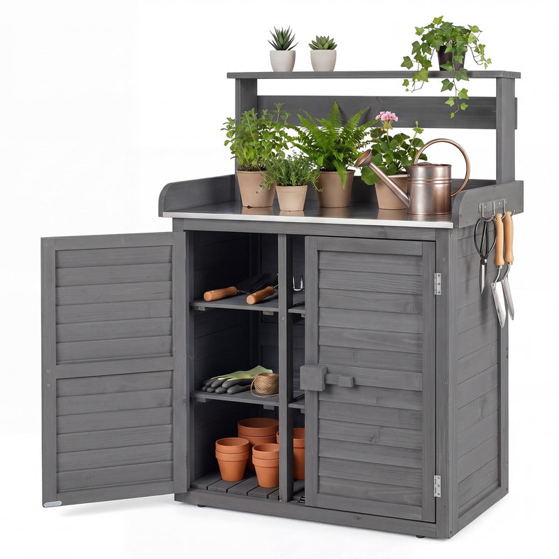Load image into Gallery viewer, Goplus Outdoor Potting Bench Table, Gardening Table w/Storage Cabinet, Galvanized Metal Tabletop