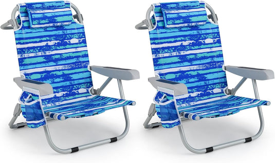 Goplus Folding Backpack Beach Chairs, Aluminum Sling Camping Chair with 5-Position Backrest, Towel Hanging Rack