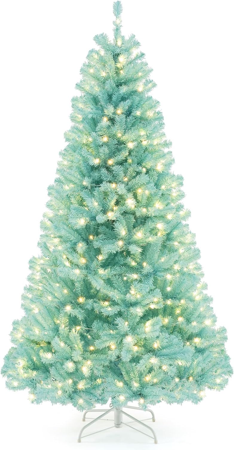 Load image into Gallery viewer, Goplus 6/7 FT Blue Pre-Lit Christmas Tree, Artificial Hinged Xmas Full Tree with 280/380 Warm White LED Lights