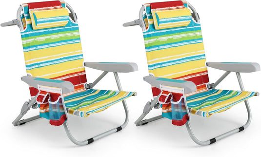 Goplus Folding Backpack Beach Chairs, Aluminum Sling Camping Chair with 5-Position Backrest, Towel Hanging Rack
