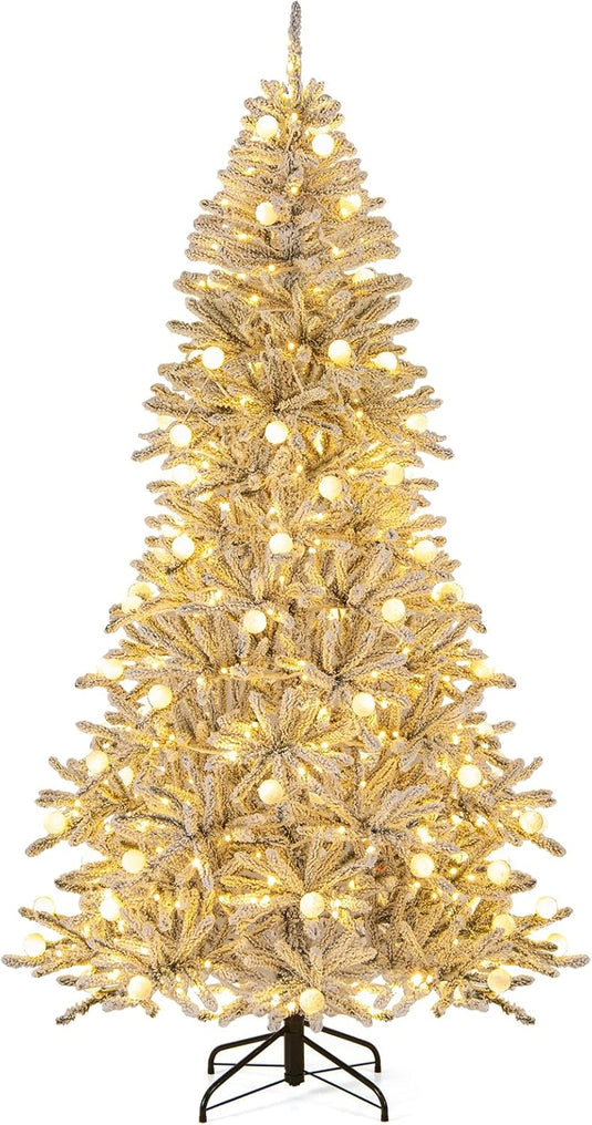 Goplus Pre-Lit Snow Flocked Christmas Tree with Warm White LED Lights & Globe Lights