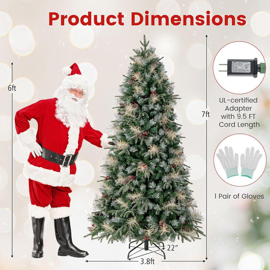 Goplus 5FT / 6FT / 7FT Pre-Lit Artificial Christmas Tree with LED Lights Pine Cones Berries
