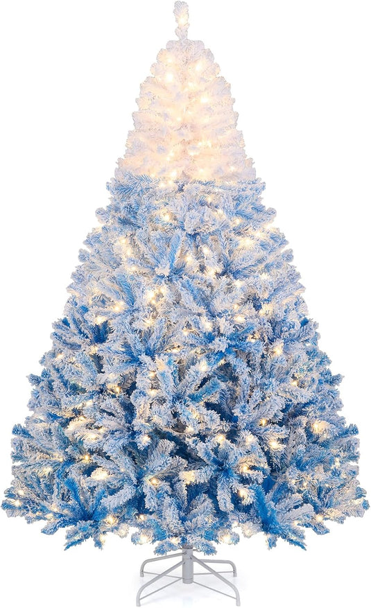 Goplus Pre-Lit Snow Flocked Christmas Tree | Artificial Hinged Xmas Full Tree