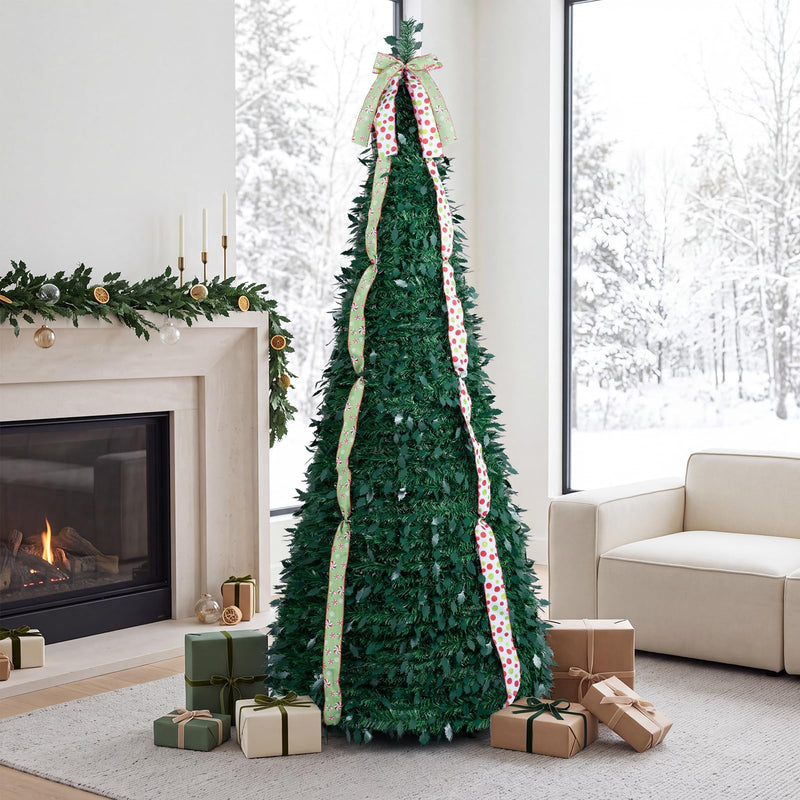 Load image into Gallery viewer, Goplus 6ft/7ft Pop Up Christmas Tree | Pre-Decorated Xmas Tree with 4 Festive Satin Ribbons & Top Christmas Bow