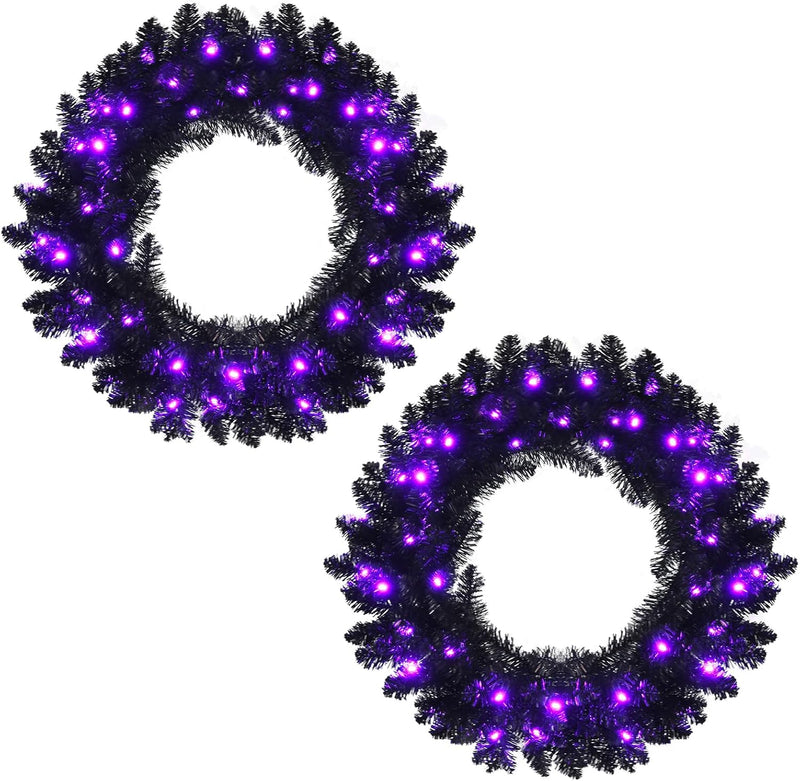 Load image into Gallery viewer, 24' Black Halloween Wreath, Pre-lit Artificial Christmas Wreath