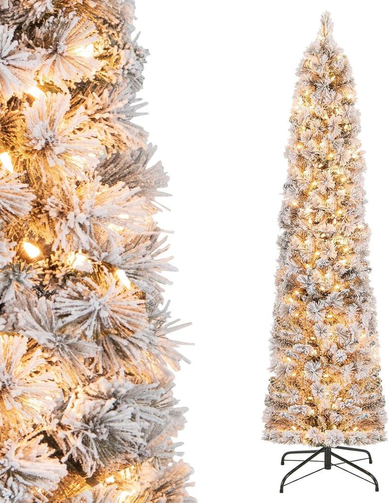 Load image into Gallery viewer, Goplus Pre-Lit Snow Flocked Pencil Christmas Tree for Home Office Holiday Decor