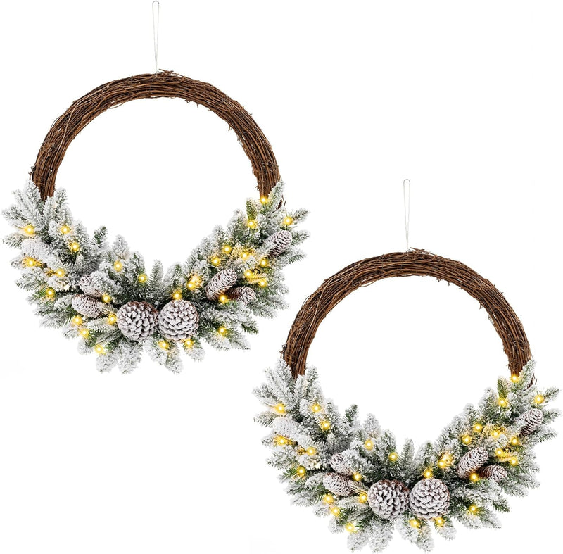 Load image into Gallery viewer, Goplus 24” Pre-Lit Artificial Christmas Wreath, Snow Flocked Xmas Wreath with 35 Battery Operated Warm White LED Lights