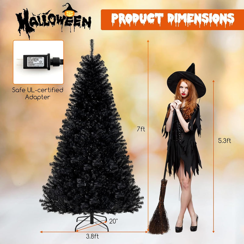 Load image into Gallery viewer, Goplus 6/7/8 FT Pre-Lit Black Halloween Tree, Artificial Hinged Christmas Tree with 280/380/500 Orange & Purple LED Lights