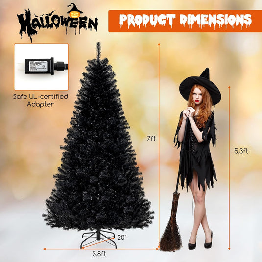 Goplus 6/7/8 FT Pre-Lit Black Halloween Tree, Artificial Hinged Christmas Tree with 280/380/500 Orange & Purple LED Lights