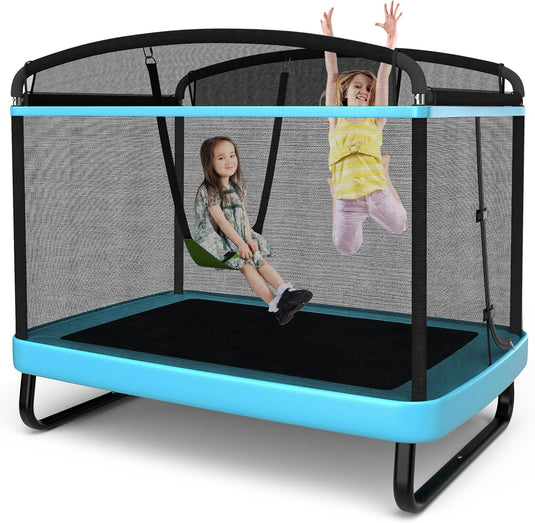 Goplus 6FT Kids Trampoline with Swing, ASTM Approved Rectangle Recreational Trampoline w/Enclosure Safety Net