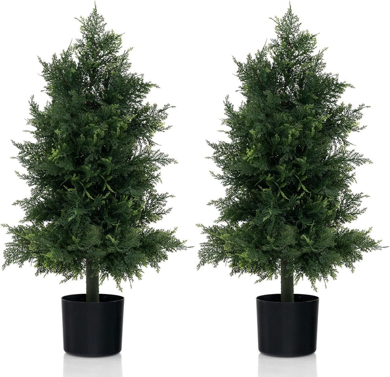 Load image into Gallery viewer, Goplus 31.5'' Artificial Cedar Topiary Trees for Outdoors, Potted Fake Cypress Trees with Cement Plastic Pot