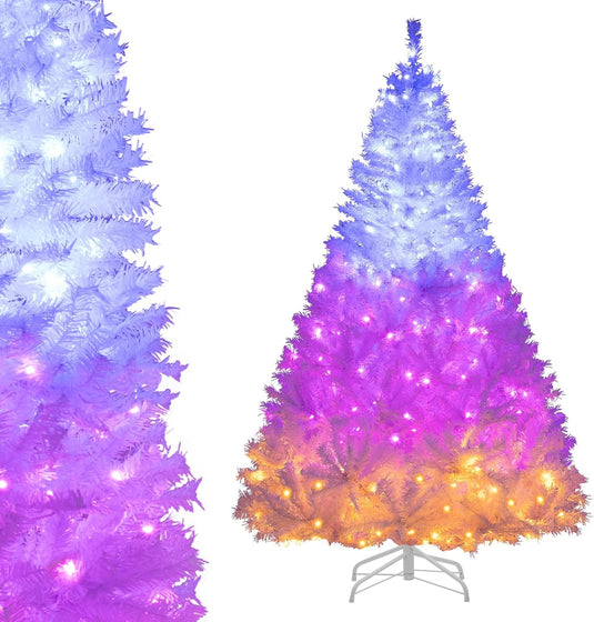 Goplus White Pre-Lit Artificial Christmas Tree with Warm White & 3-Color LED Lights