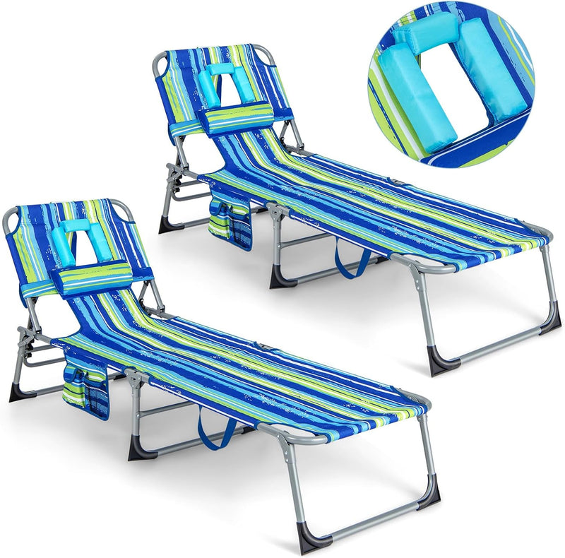 Load image into Gallery viewer, Beach Chaise Lounge with Face Hole, Folding Recliner Black/Gray/Sky Blue/Navy