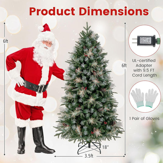 Goplus 5FT / 6FT / 7FT Pre-Lit Artificial Christmas Tree with LED Lights Pine Cones Berries
