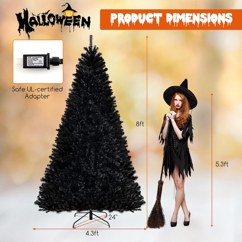 Load image into Gallery viewer, Goplus 6/7/8 FT Pre-Lit Black Halloween Tree, Artificial Hinged Christmas Tree with 280/380/500 Orange & Purple LED Lights