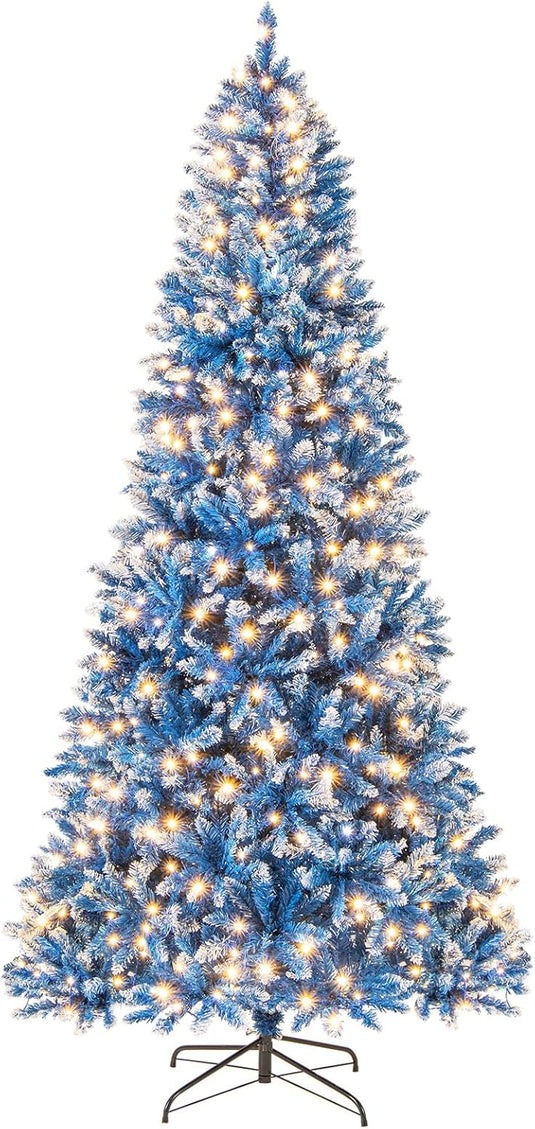 Goplus Blue Hinged Xmas Tree with Frosted PVC Branch Tips & Warm White LED Lights