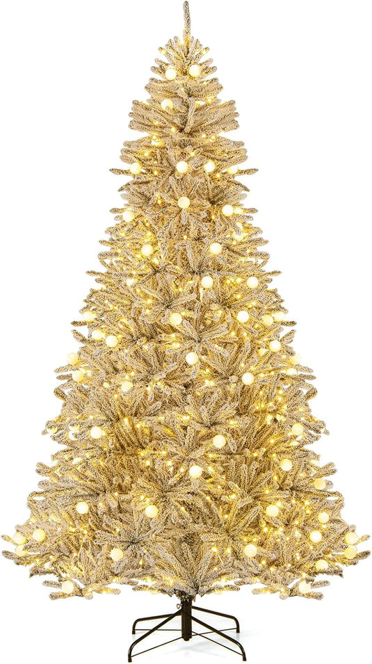 Goplus Pre-Lit Snow Flocked Christmas Tree with Warm White LED Lights & Globe Lights